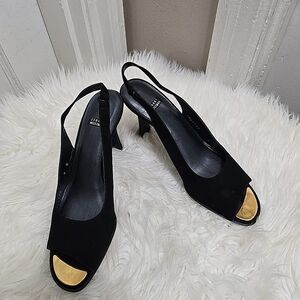 Stuart Weitzman Slingback Open Toe Suede Leather Black Heels Size 8B 🌴